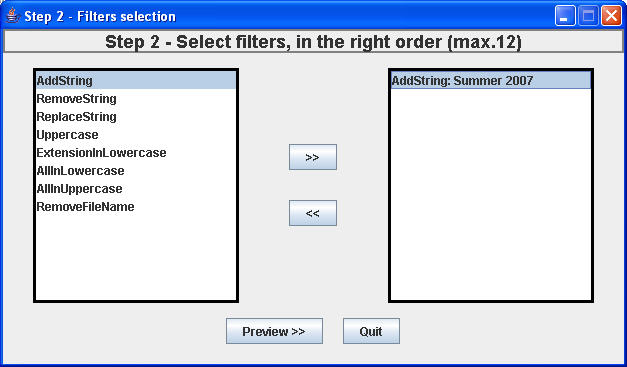 Second step to rename files: filters selection