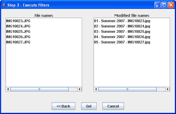 Third step to rename files: show preview, with old and new file names